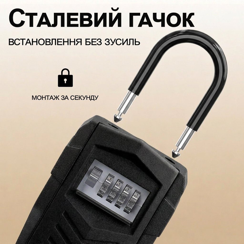 Підвісний металевий міні сейф для ключів з кодовим замком uSafe KS-11h, антивандальний бокс з гачком і паролем, Чорний 4