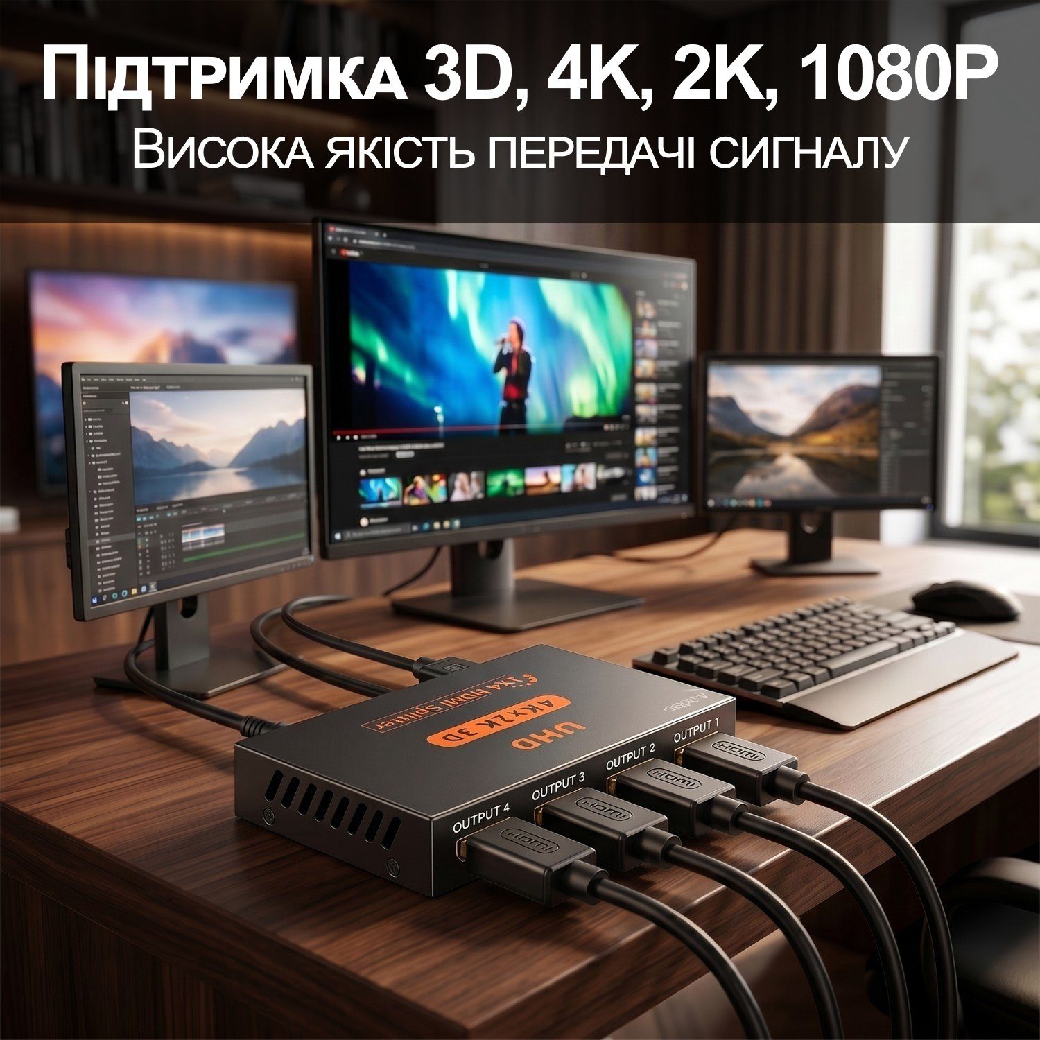 Активний HDMI розгалужувач на 4 порти Addap HVS-02, чотирьохнаправлений відео сплітер 4К 3