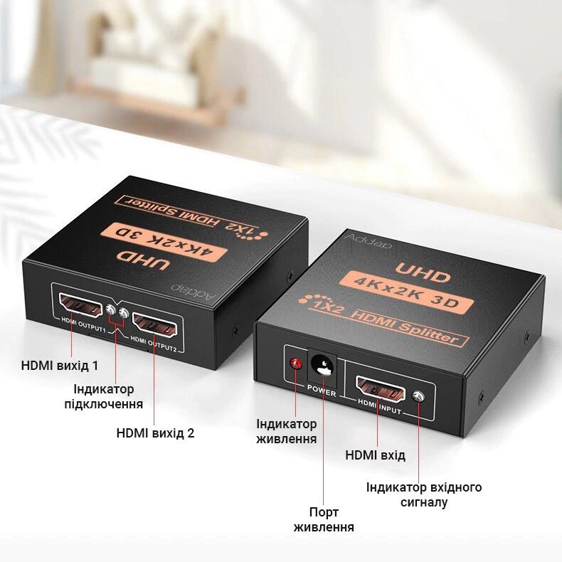 Активний HDMI розгалужувач на 2 порти UHD, двонаправлений відео спліттер Addap HVS-01, 4К, 2K, 3D, 1080Р 6