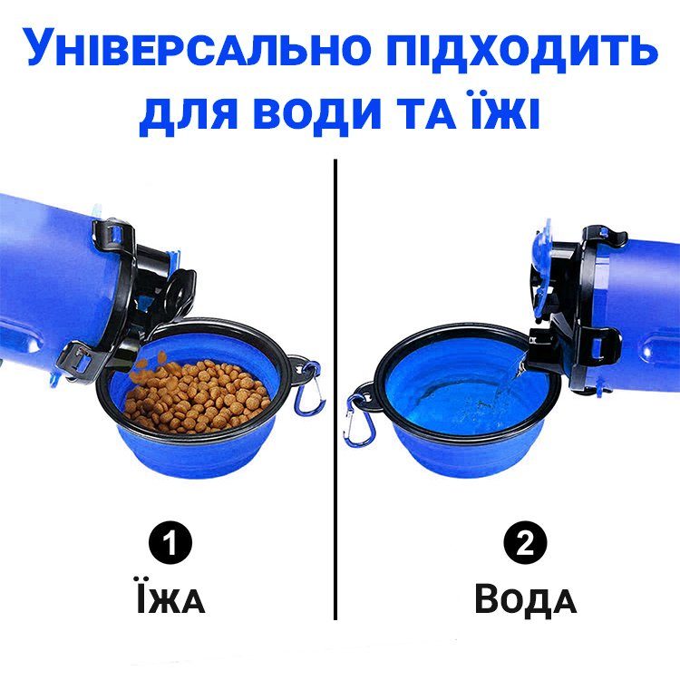 Складна похідна миска в дорогу для тварин iPets, з карабіном, Синя 3