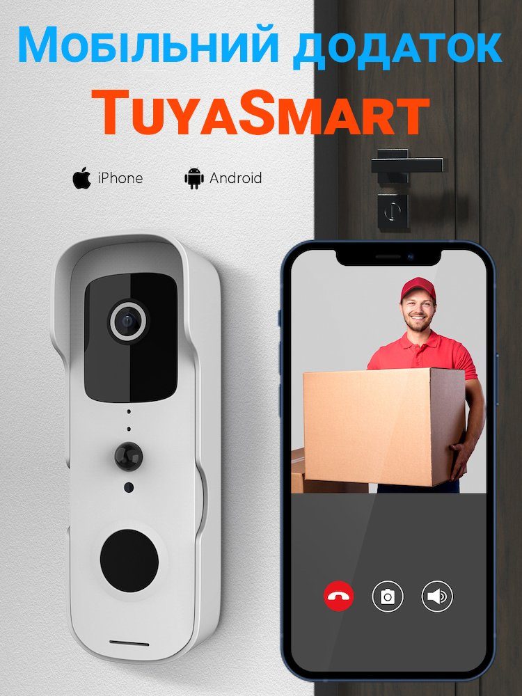 Розумний дверний відеодомофон з WiFi та датчиком руху USmart VDB-01w, відеодзвінок + приймач із підтримкою Tuya, White 4