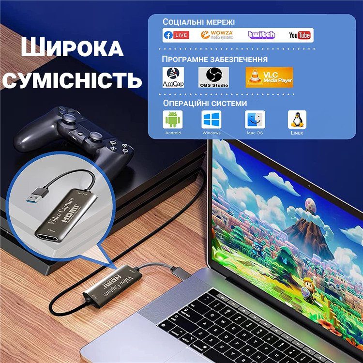 Зовнішня відеокарта відеозахоплення HDMI - USB для стрімів, запису екрану та оцифрування відео Addap VCC-02 10