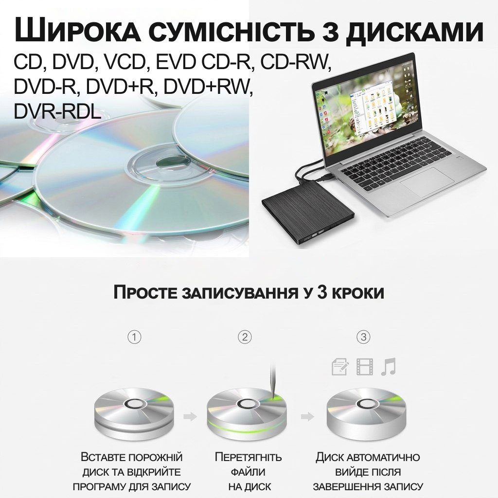 Зовнішній USB 3.0 оптичний дископривід Addap EDB-01 | портативний дисковод для комп’ютера, ноутбука, зчитувач CD-RW, DVD-RW 8