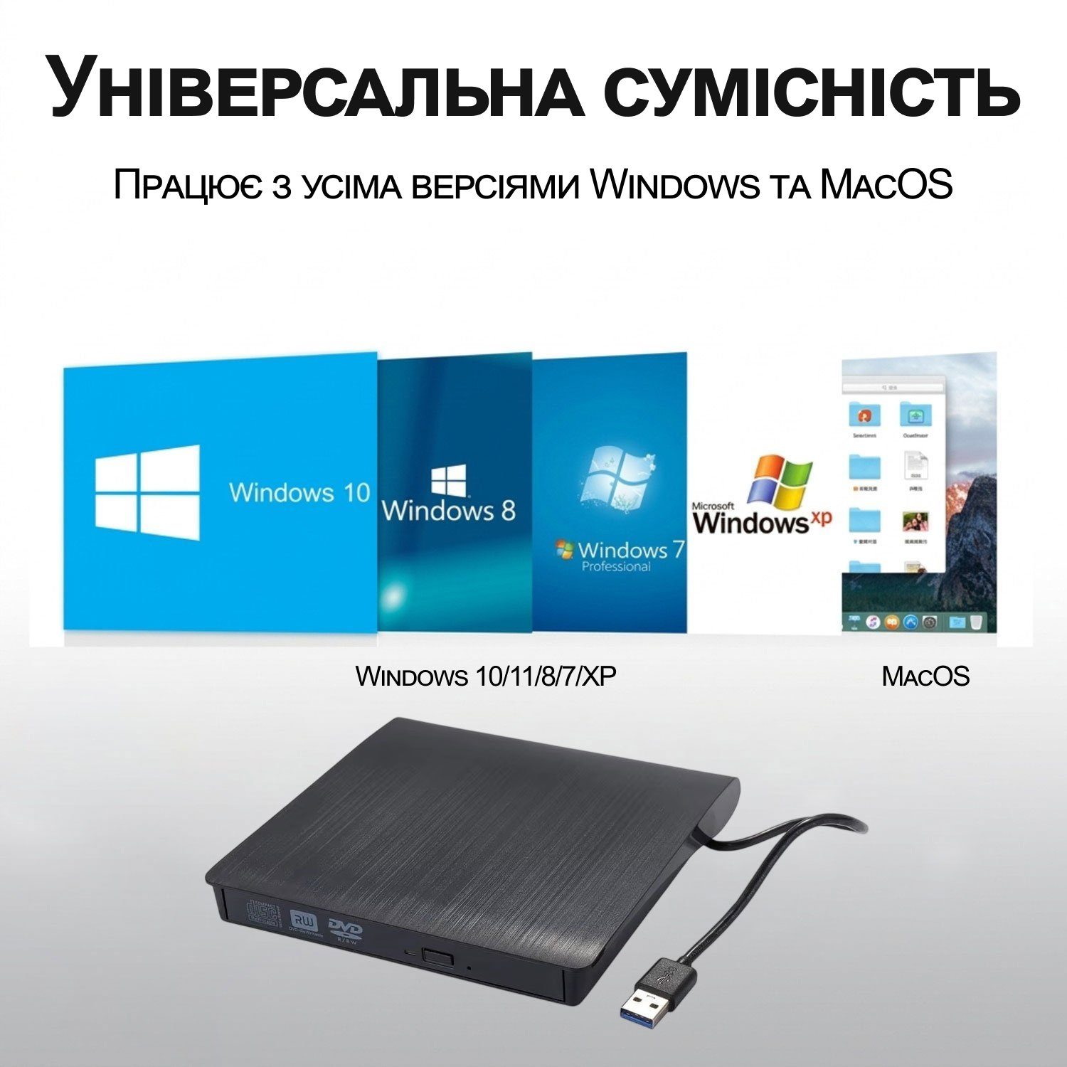 Зовнішній USB 3.0 оптичний дископривід Addap EDB-01 | портативний дисковод для комп’ютера, ноутбука, зчитувач CD-RW, DVD-RW 2