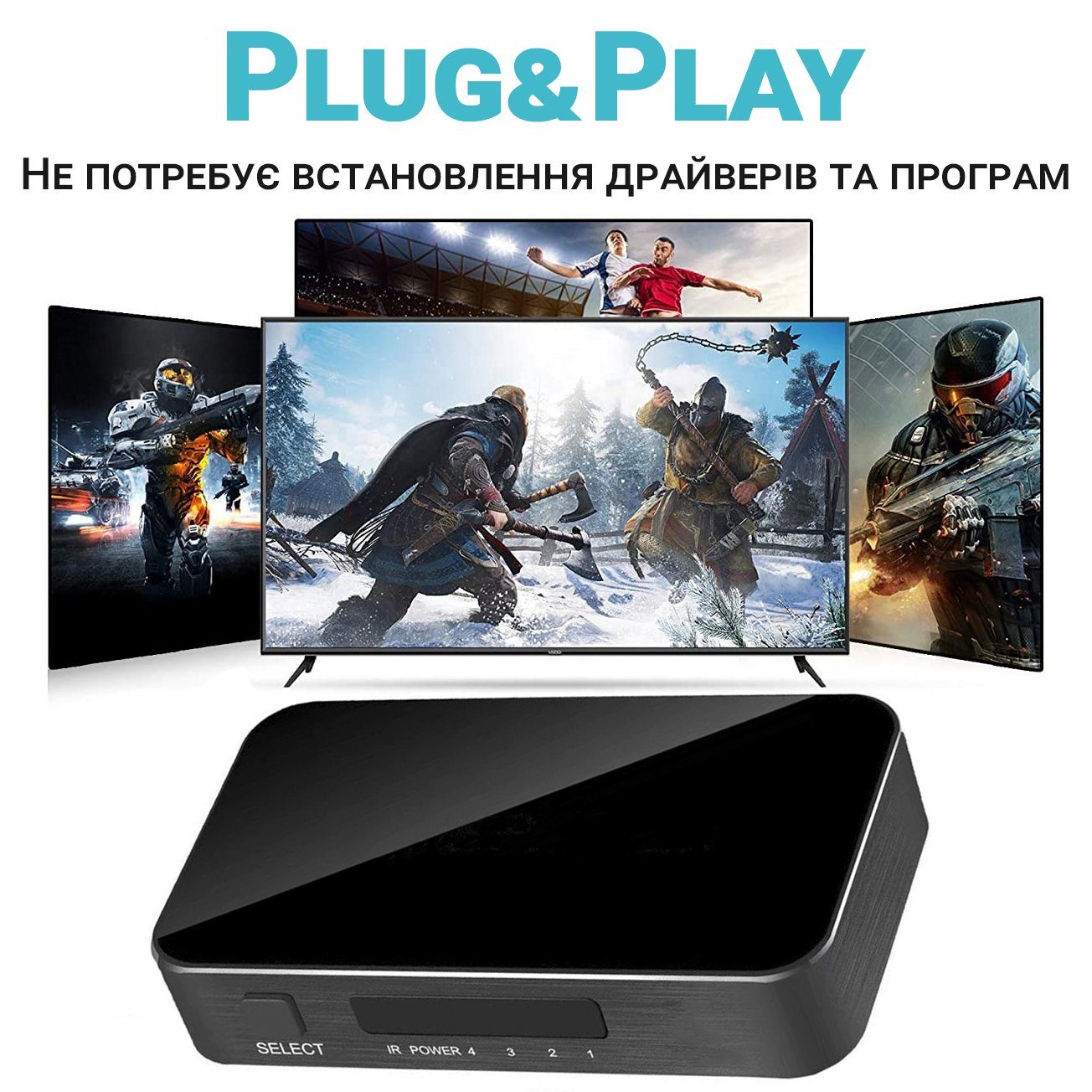 HDMI комутатор | світч на 4 порти Addap HVS-05, чотиринаправлений відео перемикач, 4К, Чорний 2