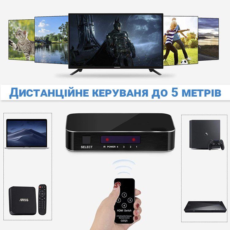 HDMI комутатор | світч на 4 порти Addap HVS-05, чотиринаправлений відео перемикач, 4К, Чорний 7