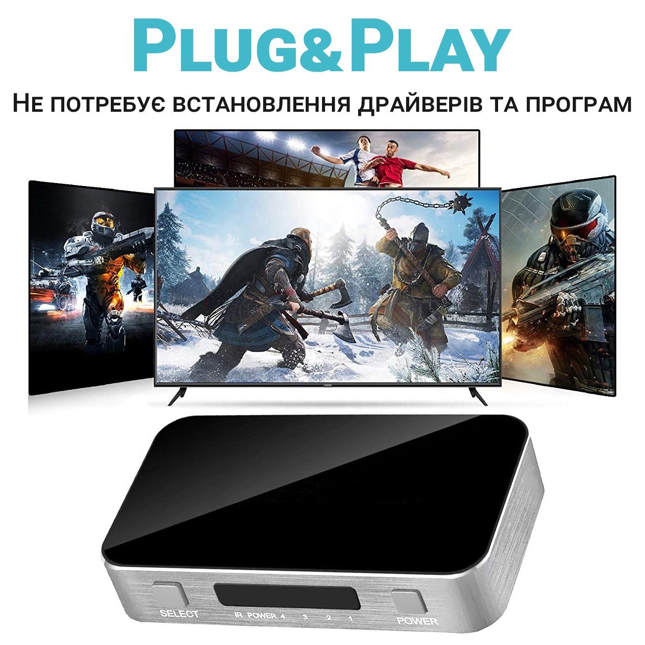 HDMI комутатор | світч на 4 порти Addap HVS-06, чотиринаправлений відео перемикач, 4К, Сірий 4