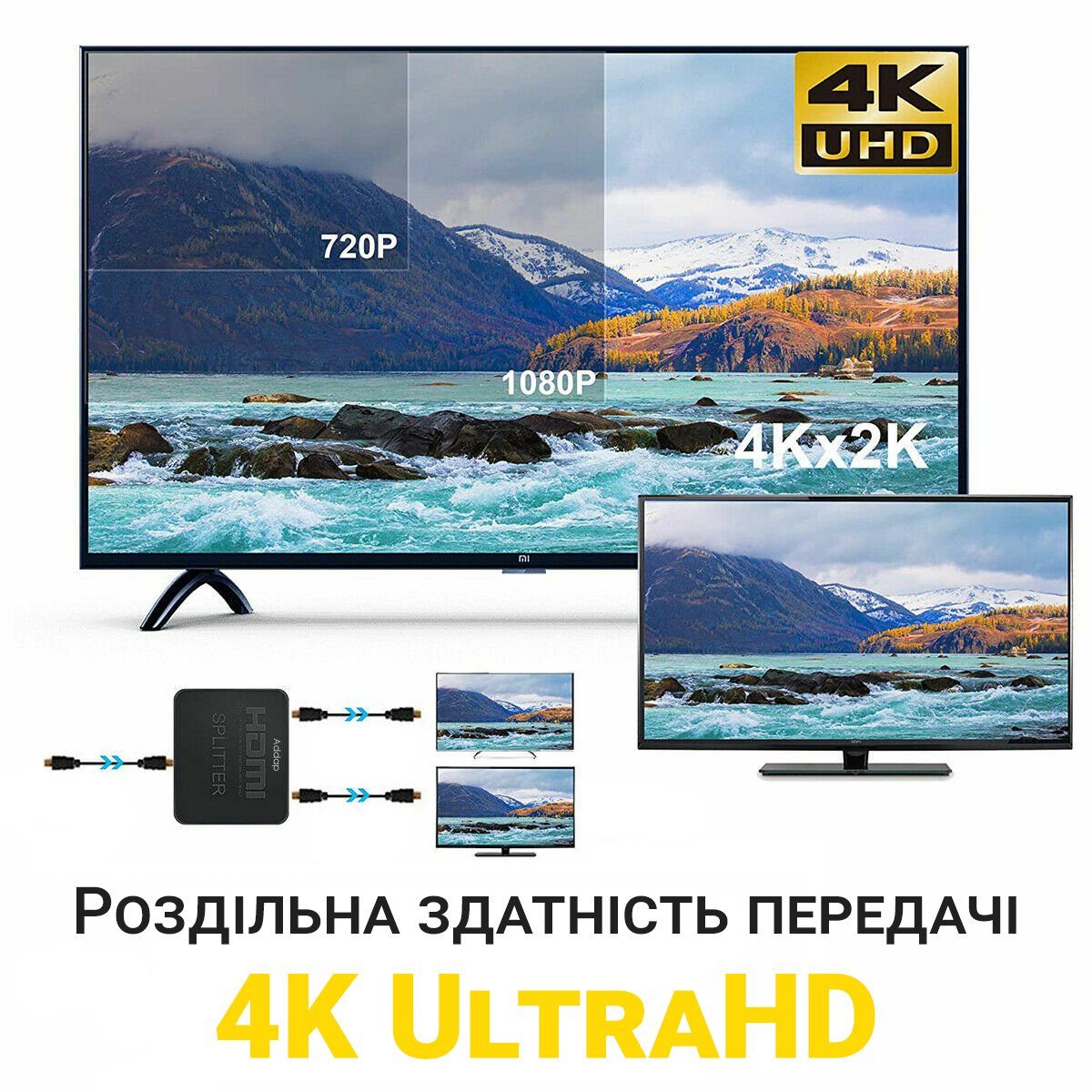 Двопортовий HDMI сплітер на 2 виходи Addap HVS-07, активний відео розгалужувач, 4К 4