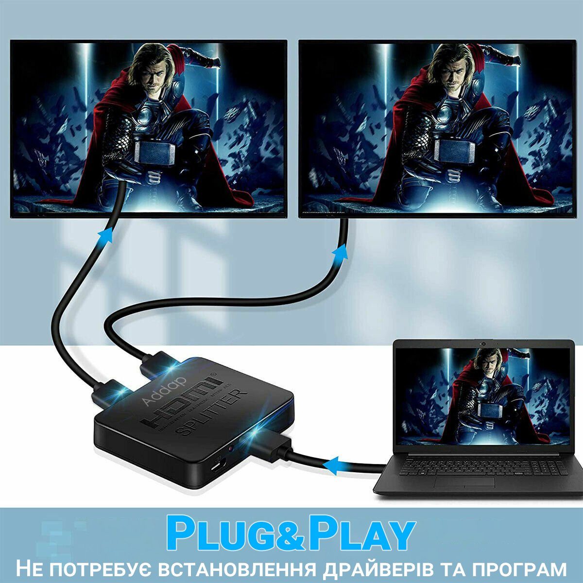 Двопортовий HDMI сплітер на 2 виходи Addap HVS-07, активний відео розгалужувач, 4К 7