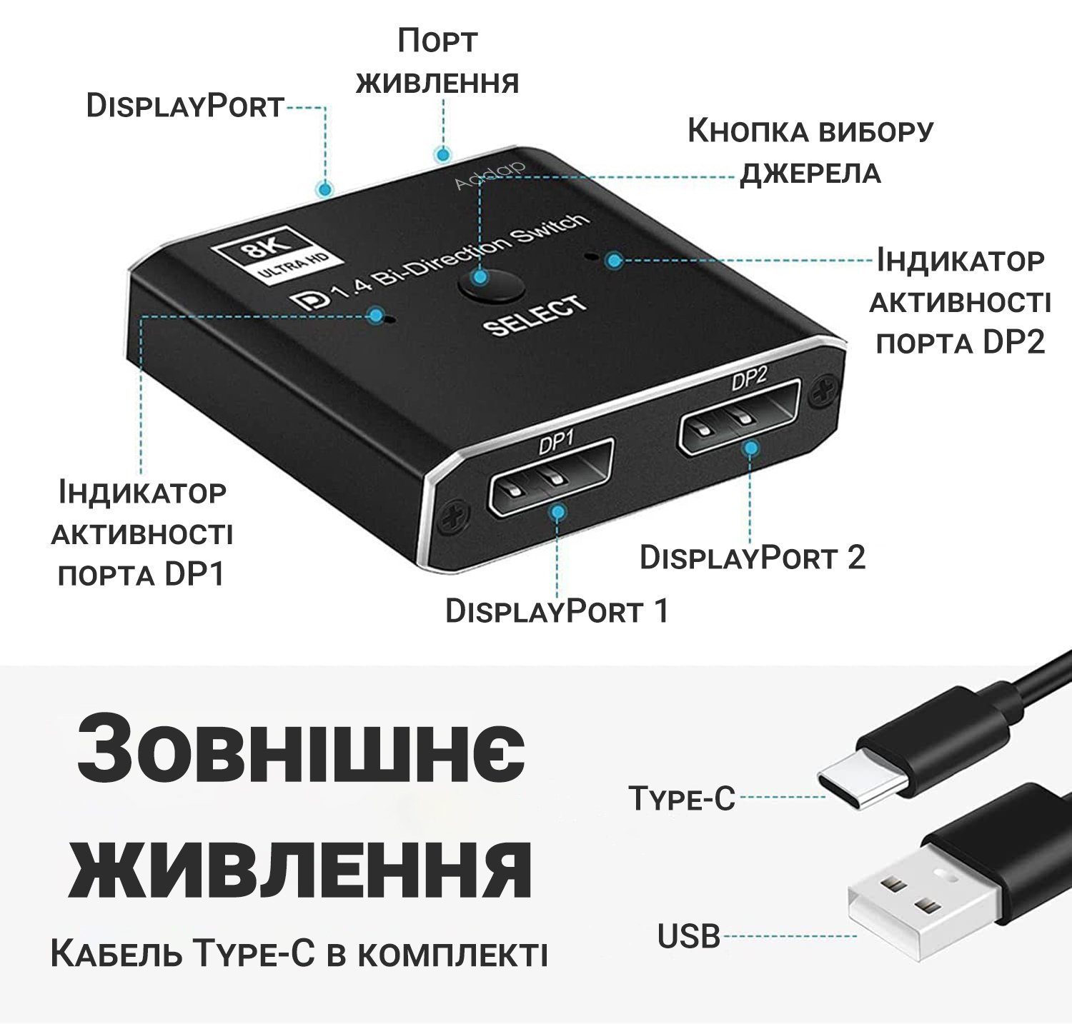 DisplayPort світч двонаправлений Addap DPS-01 | активний розгалужувач + комутатор для відео та аудіо потоку, 8K/30Hz 7