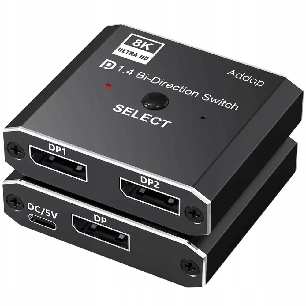 DisplayPort світч двонаправлений Addap DPS-01 | активний розгалужувач + комутатор для відео та аудіо потоку, 8K/30Hz 9