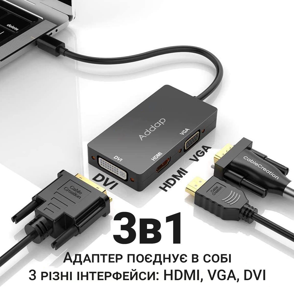 Адаптер / розгалужувач з DisplayPort на HDMI/VGA/DVI порти Addap DPA-01Mix | Перехідник 3в1 для передачі відеосигналу, FullHD 1080P 3