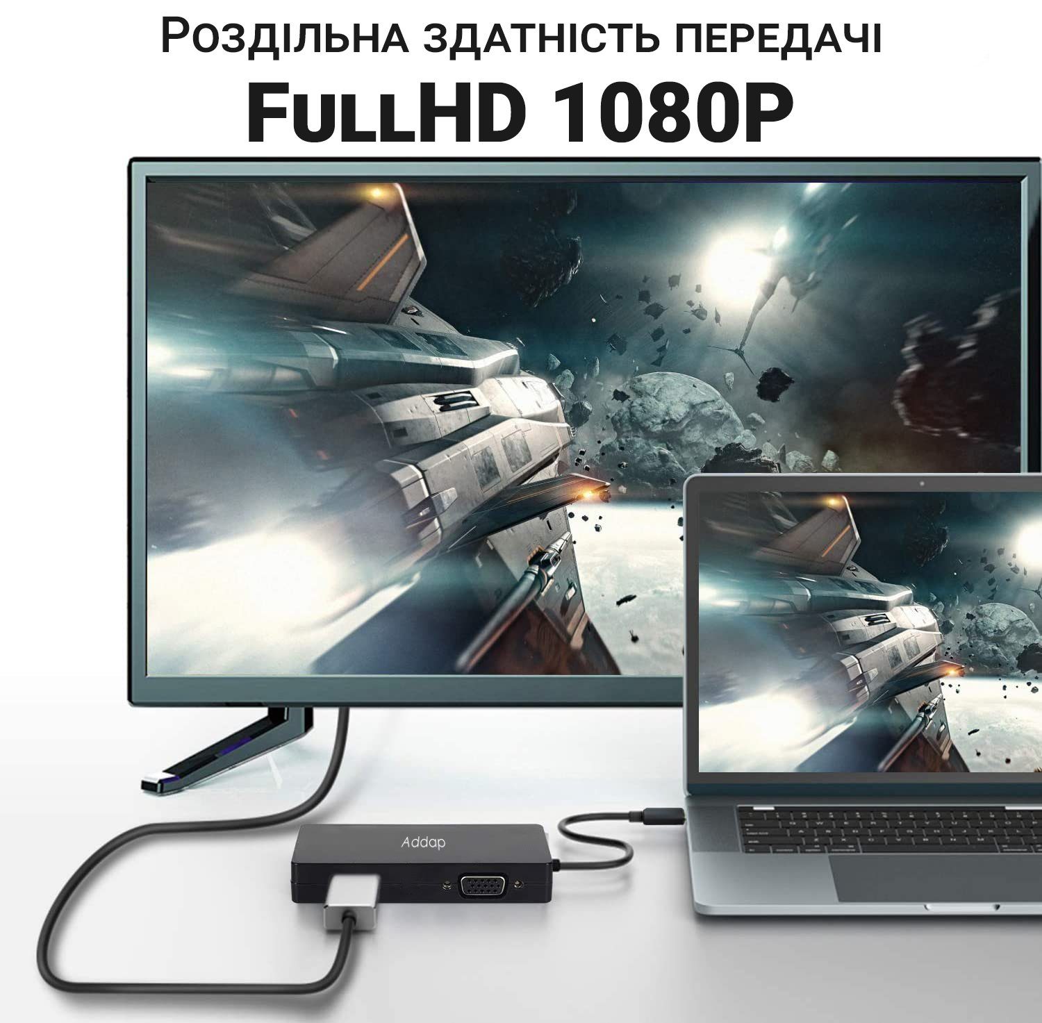 Адаптер / розгалужувач з DisplayPort на HDMI/VGA/DVI порти Addap DPA-01Mix | Перехідник 3в1 для передачі відеосигналу, FullHD 1080P 5