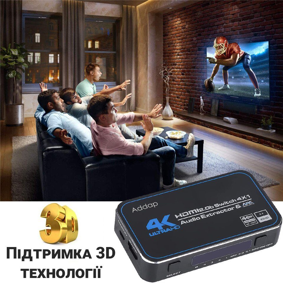 HDMI Комутатор | світч на 4 порти Addap HVS-04, чотиринаправлений відео перемикач 4К, з підтримкою ARC, Black 7