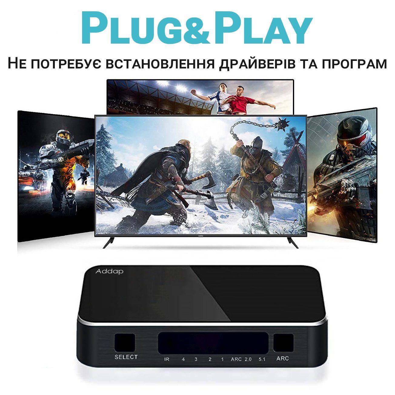 HDMI Комутатор | світч на 4 порти Addap HVS-04, чотиринаправлений відео перемикач 4К, з підтримкою ARC, Black 2