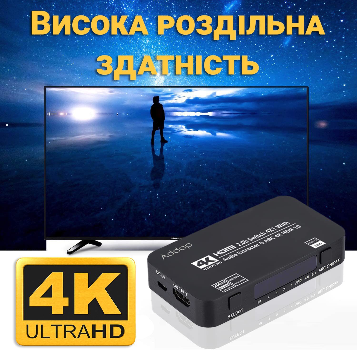 HDMI Комутатор | світч на 4 порти Addap HVS-04, чотиринаправлений відео перемикач 4К, з підтримкою ARC, Black 3