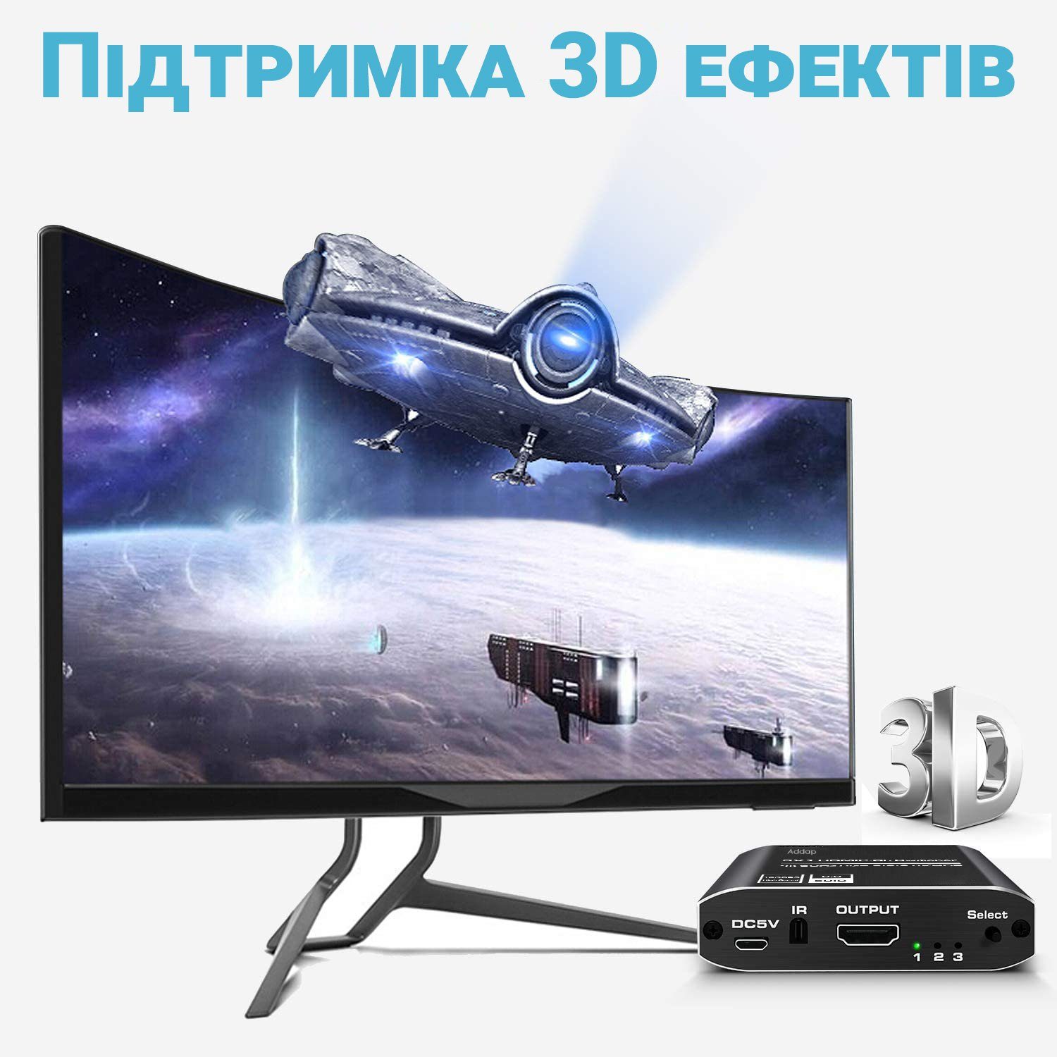 HDMI комутатор Addap HVS-10 3x1, перемикач HDMI 3 в 1, switch для відеосигналу 4K 60Hz, HDMI 2.0, HDCP 2.2, пульт ДК 6