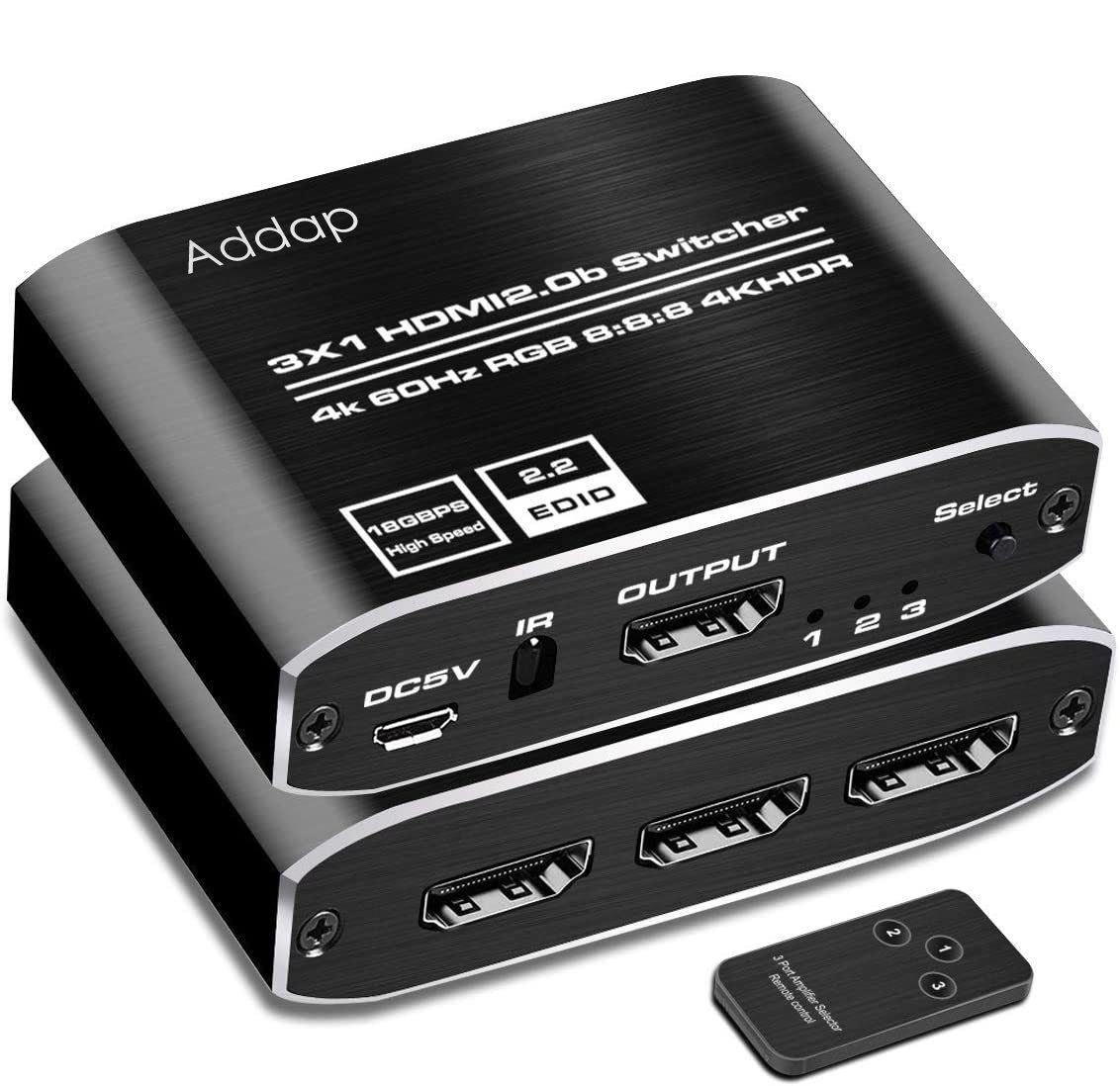 HDMI комутатор Addap HVS-10 3x1, перемикач HDMI 3 в 1, switch для відеосигналу 4K 60Hz, HDMI 2.0, HDCP 2.2, пульт ДК