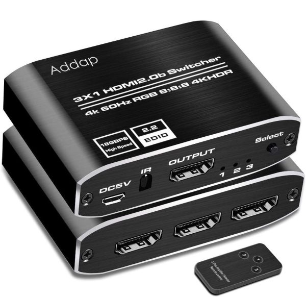 HDMI комутатор Addap HVS-10 3x1, перемикач HDMI 3 в 1, switch для відеосигналу 4K 60Hz, HDMI 2.0, HDCP 2.2, пульт ДК