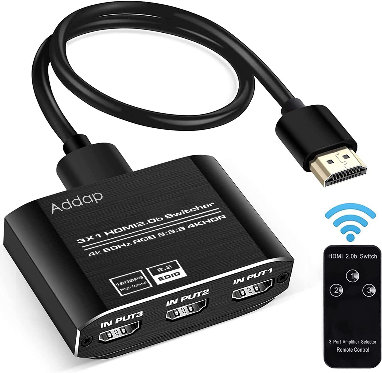HDMI комутатор Addap HVS-10 3x1, перемикач HDMI 3 в 1, switch для відеосигналу 4K 60Hz, HDMI 2.0, HDCP 2.2, пульт ДК 9