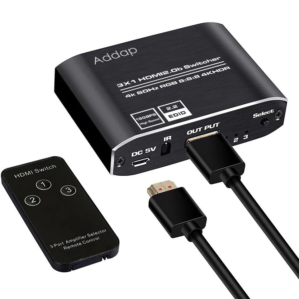 HDMI комутатор Addap HVS-10 3x1, перемикач HDMI 3 в 1, switch для відеосигналу 4K 60Hz, HDMI 2.0, HDCP 2.2, пульт ДК 11