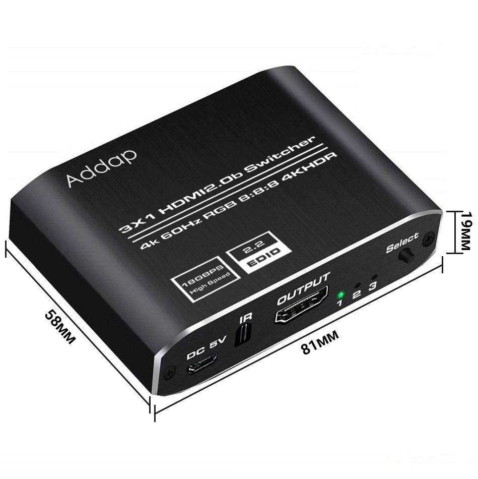 HDMI комутатор Addap HVS-10 3x1, перемикач HDMI 3 в 1, switch для відеосигналу 4K 60Hz, HDMI 2.0, HDCP 2.2, пульт ДК 10