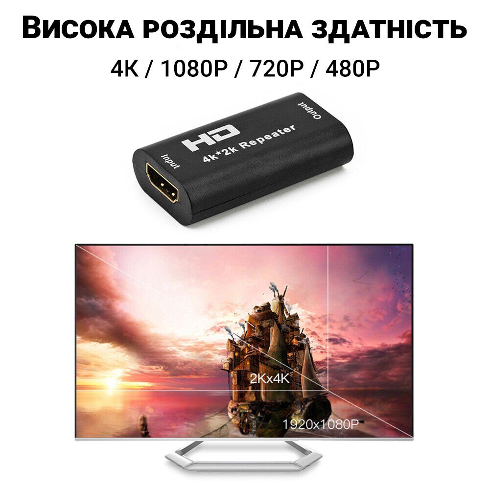 HDMI репітер, підсилювач 4K відеосигналу до 40 метрів Addap HRE-01 | Автономний HDMI-HDMI подовжувач 4K / 1080P 7