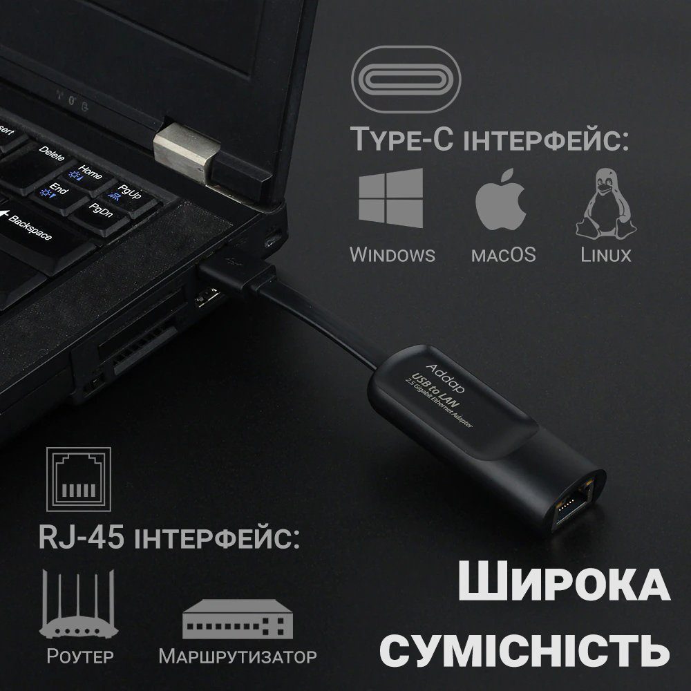 Зовнішній мережевий адаптер USB Type-C на LAN з гігабітним інтернетом Addap UC2RJ45-02, мережева карта RJ-45, 1 Гбіт/с 3