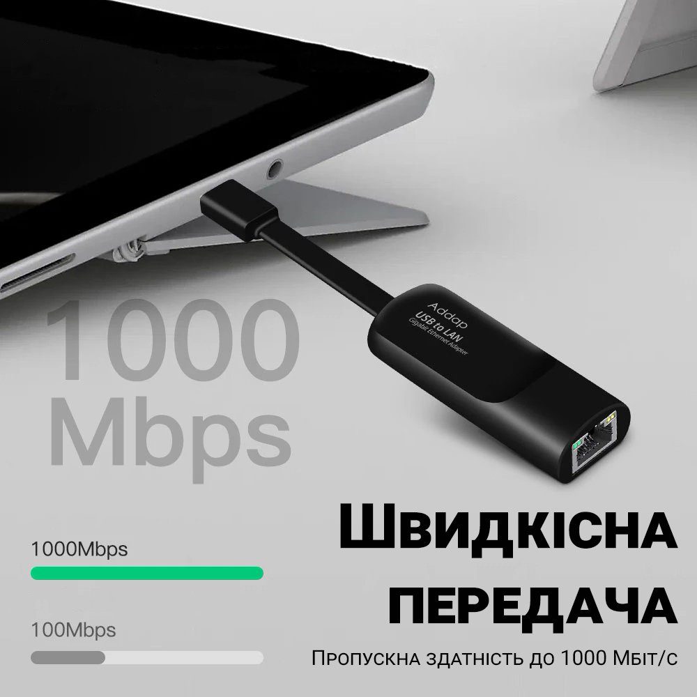 Зовнішній мережевий адаптер USB Type-C на LAN з гігабітним інтернетом Addap UC2RJ45-02, мережева карта RJ-45, 1 Гбіт/с 2
