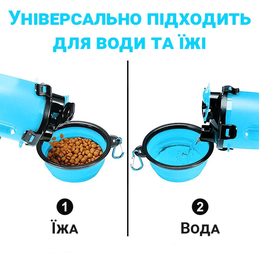 Складна похідна миска в дорогу для тварин iPets, з карабіном, Блакитна 6