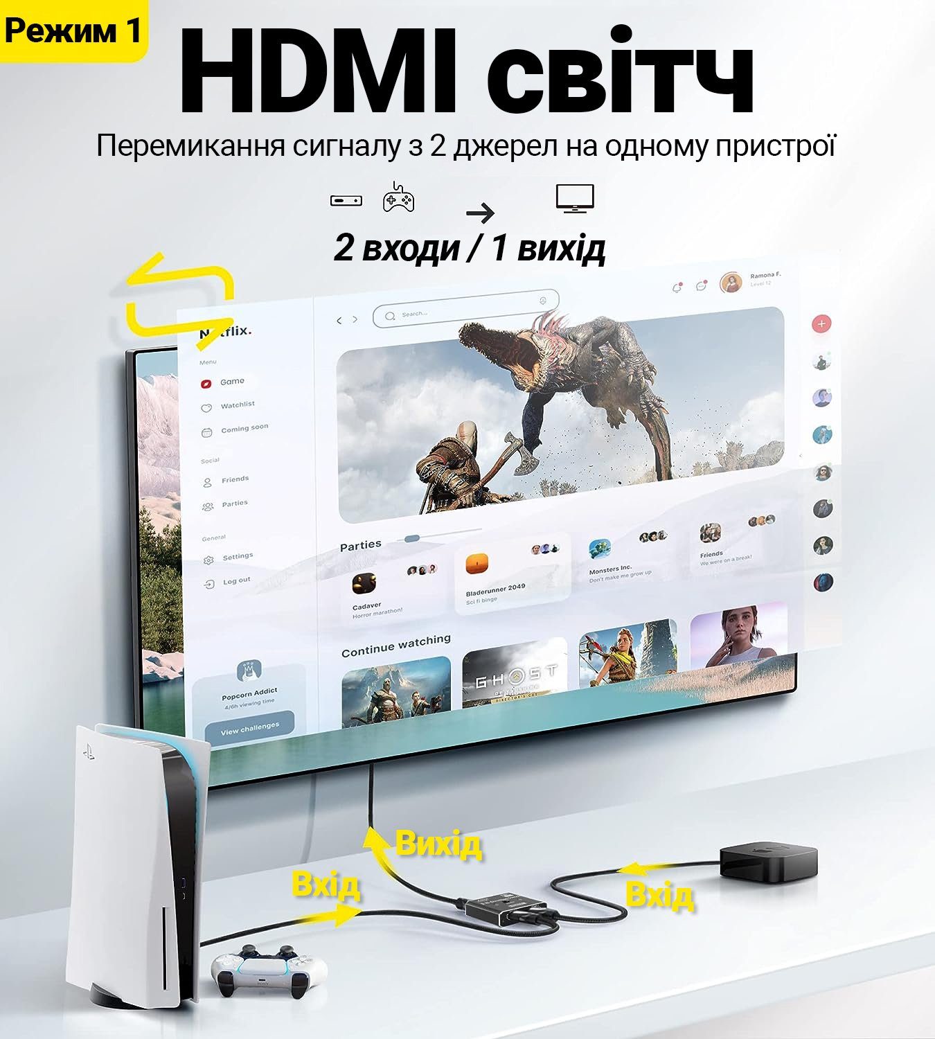 8K HDMI Світч + Розгалужувач двосторонній Bi-Direction Switch на 2 канали Addap HVS-11 | 2в1: перемикач + комутатор 3