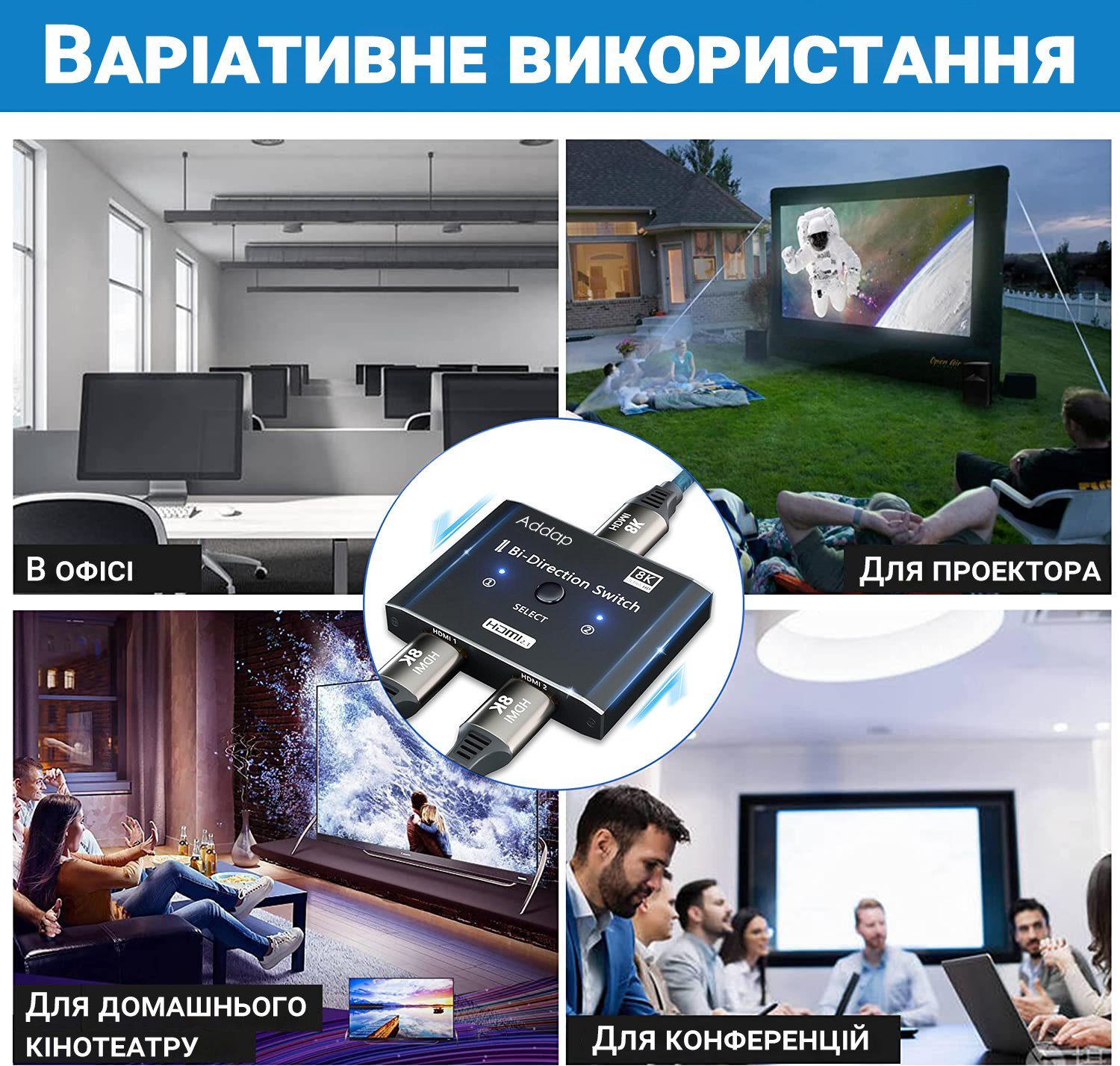 8K HDMI Світч + Розгалужувач двосторонній Bi-Direction Switch на 2 канали Addap HVS-11 | 2в1: перемикач + комутатор 10