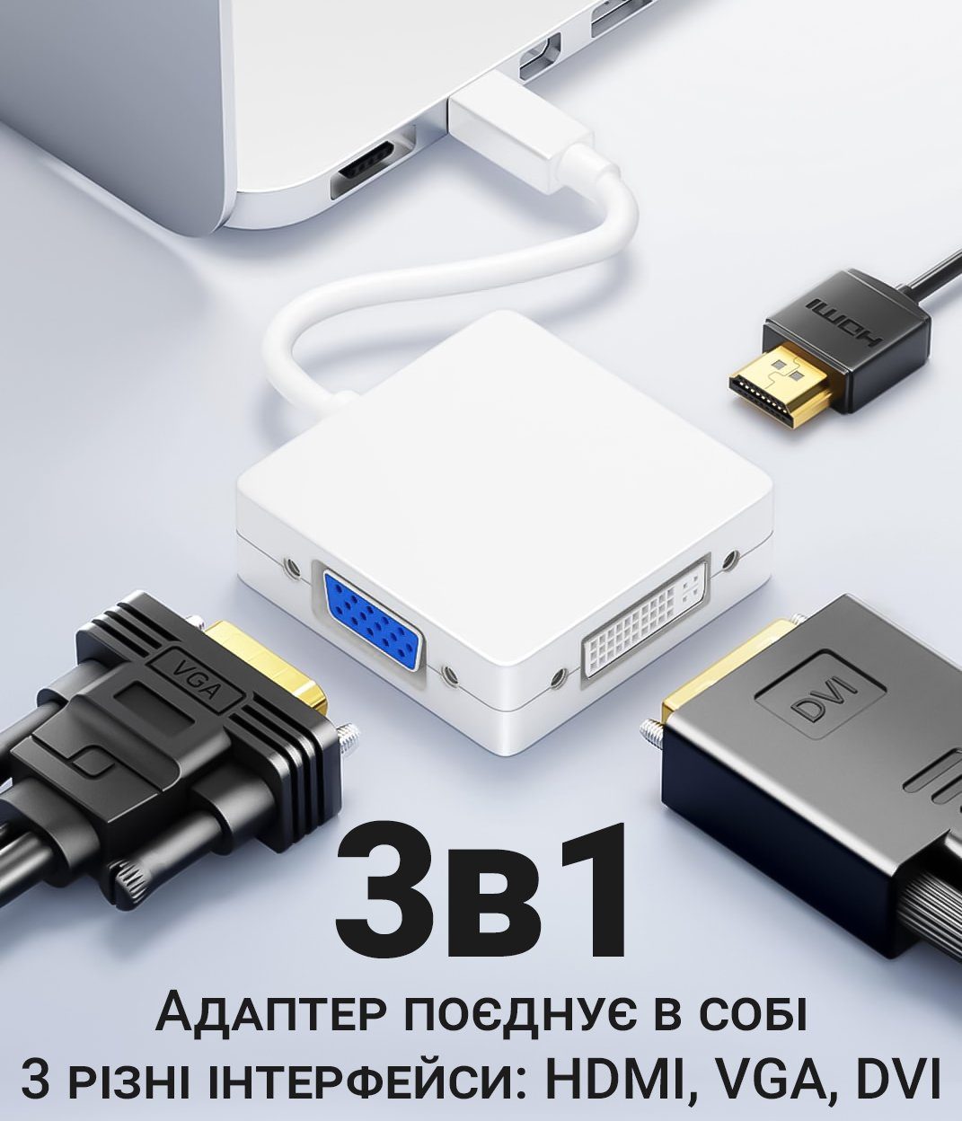 Адаптер / розгалужувач з mini Display Port на HDMI/VGA/DVI порти Addap MDPA-01Mix | перехідник 3в1 для передачі відеосигналу, FullHD 1080P 4