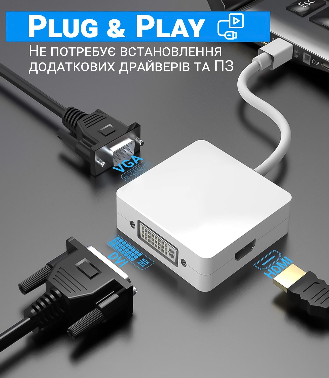 Адаптер / розгалужувач з mini Display Port на HDMI/VGA/DVI порти Addap MDPA-01Mix | перехідник 3в1 для передачі відеосигналу, FullHD 1080P 5