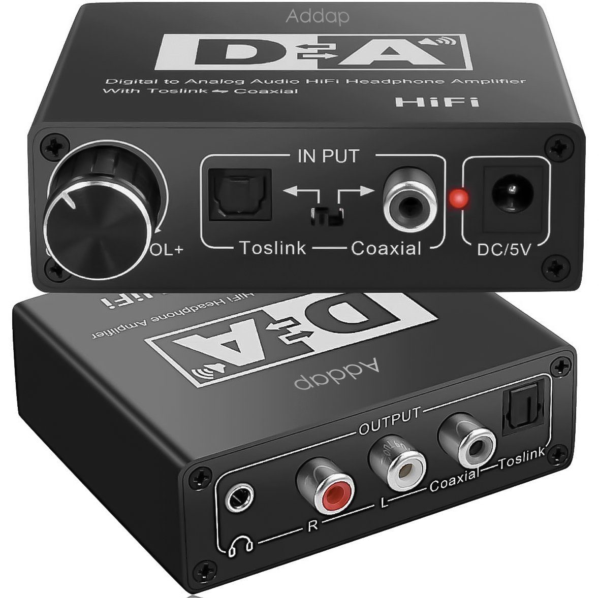 Конвертер звукового сигналу Addap DAC-02, ЦАП-перетворювач аудіо з Toslink (SPDIF) та коаксіального на RCA + mini Jack + SPDIF + коаксіал