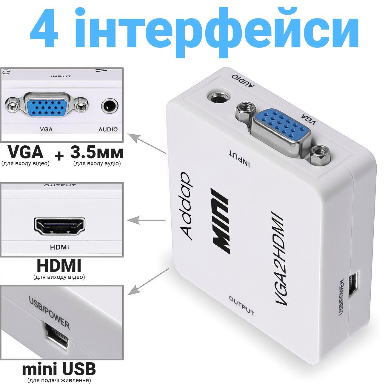 Конвертер відео сигналу з аналогового VGA на цифровий HDMI порт Addap VGA2HDMI-01, Full HD 1080P 3