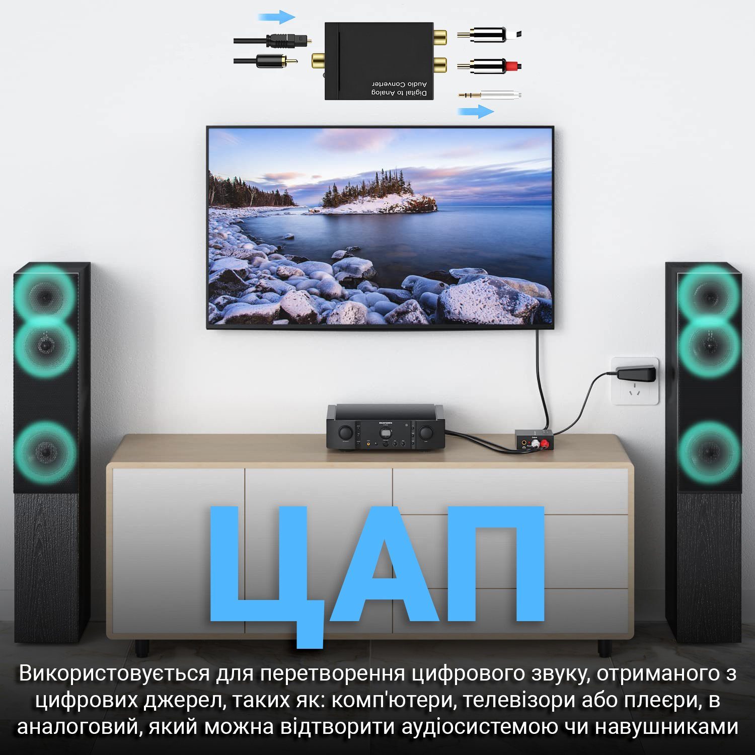 Цифро-аналоговий перетворювач аудіо Addap DAC-03, ЦАП з Toslink (SPDIF) та Коаксіалу на RCA + mini Jack 3
