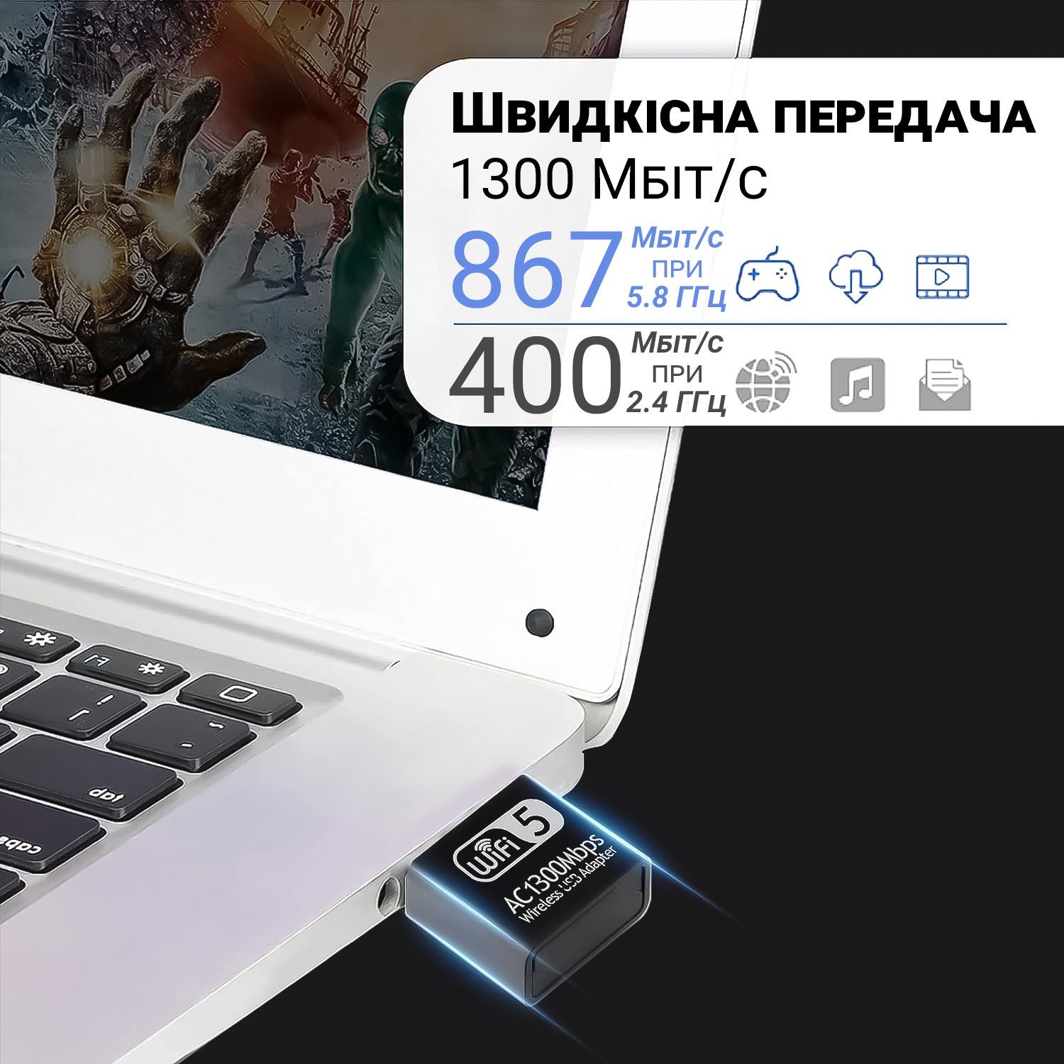 Швидкісний мережевий USB WiFi адаптер Addap UWA-06, дводіапазонний 2.4 ГГц + 5 ГГц, бездротовий приймач, 1300 Мбіт/с 2