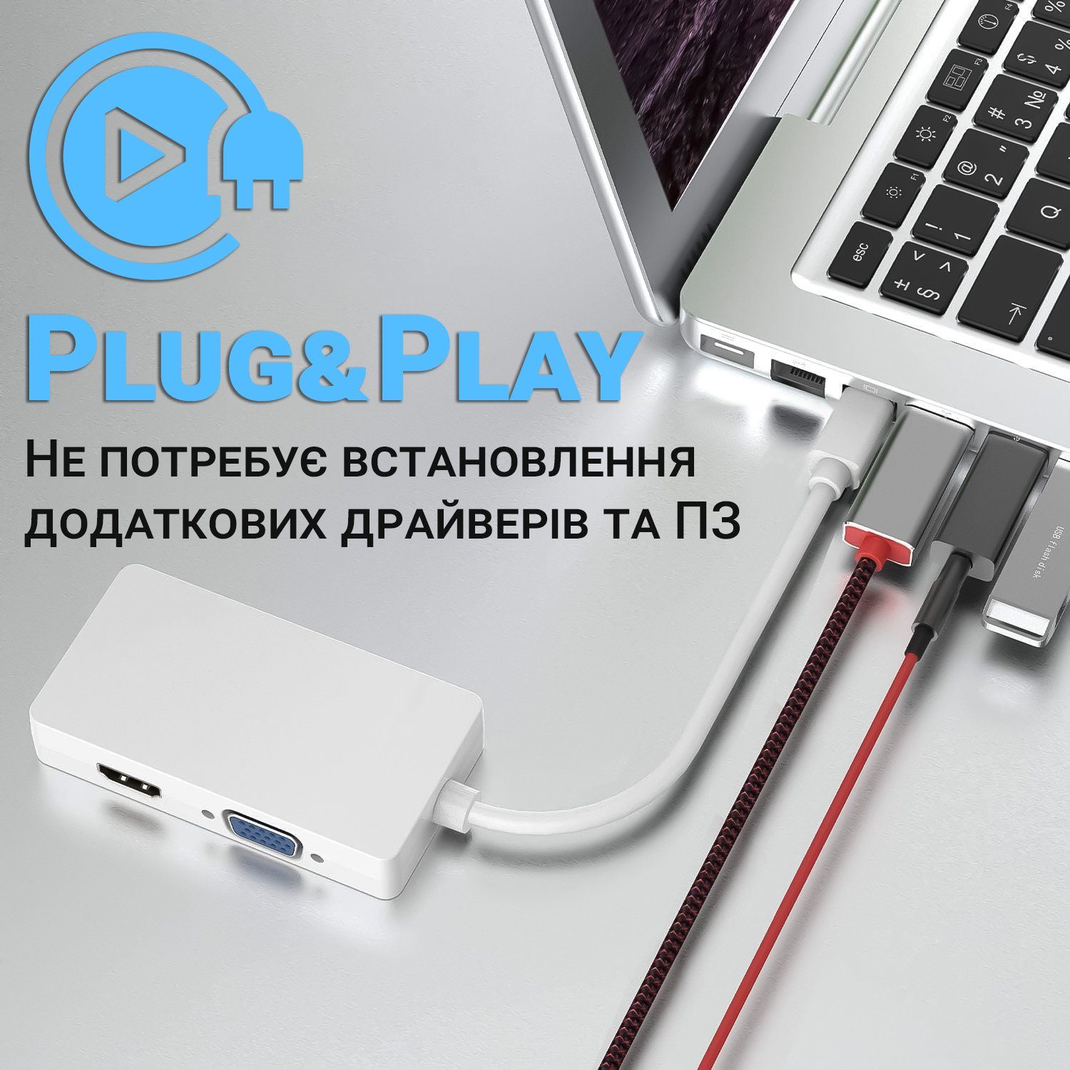 Відео адаптер, конвертер 3в1 з Mini DisplayPort на HDMI/VGA/DVI роз'єми Addap MDPA-02Mix, 4K / 1080P 2