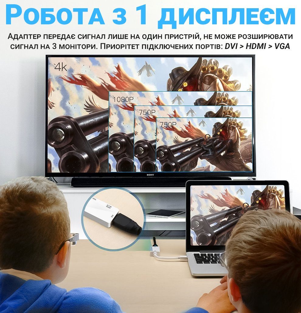 Відео адаптер, конвертер 3в1 з Mini DisplayPort на HDMI/VGA/DVI роз'єми Addap MDPA-02Mix, 4K / 1080P 4