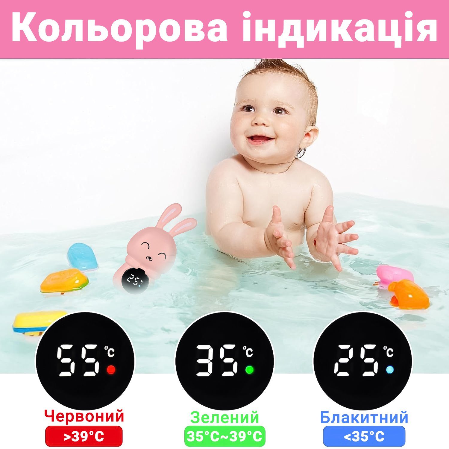 Дитячий термометр для ванної в формі зайчика UChef BT-02, для вимірювання температури води, Рожевий 6