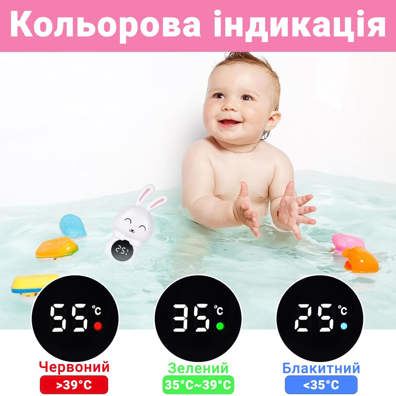 Дитячий термометр для ванної в формі зайчика UChef BT-02, для вимірювання температури води, Білий 6