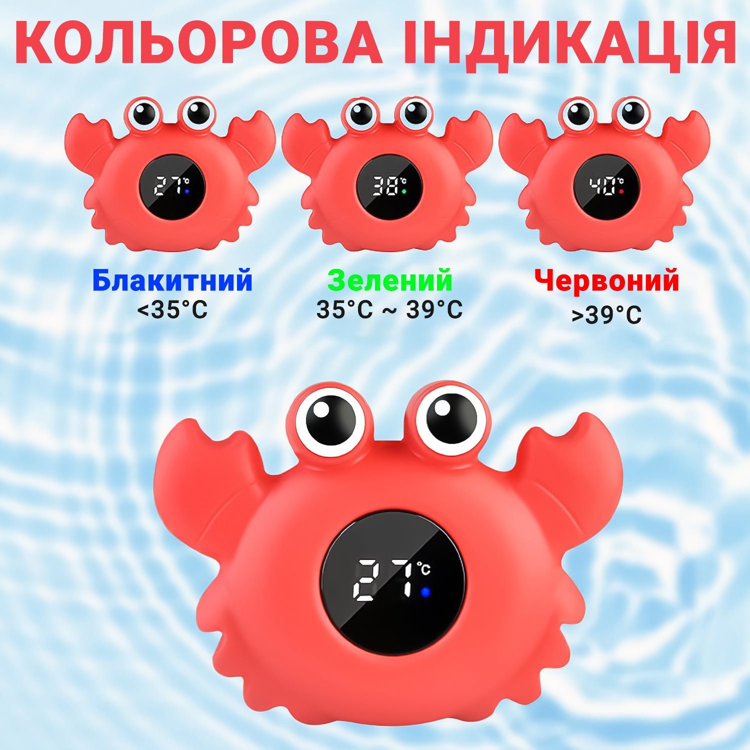 Дитячий термометр для ванної в формі краба UChef BT-01, для вимірювання температури води, Червоний 6