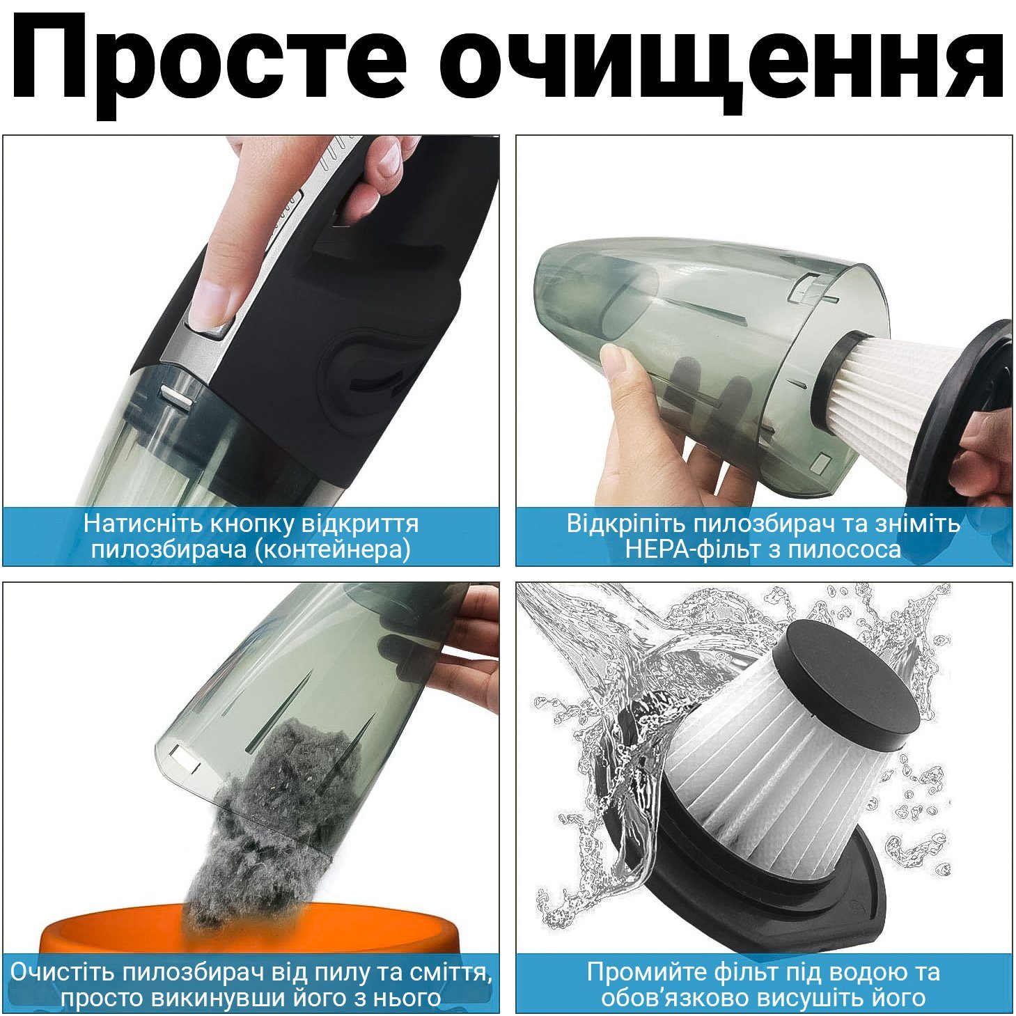 Акумуляторний автомобільний пилосос Podofo W7416, портативний, з сухим та вологим очищенням 12