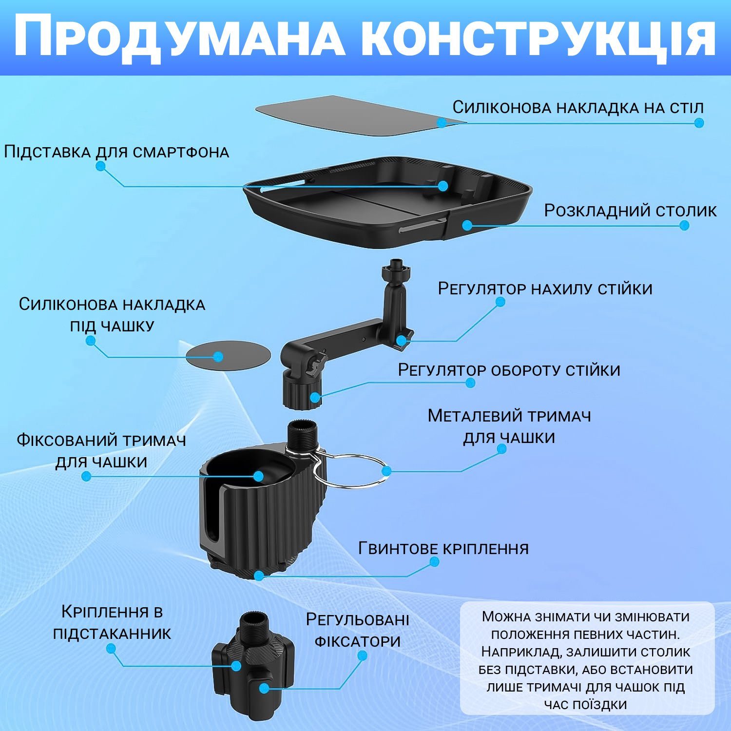 Автомобільний столик в підстаканник з тримачем для смартфона та 2 тримачами для чашок Podofo CCH-01, органайзер в машину для напоїв та їжі 4