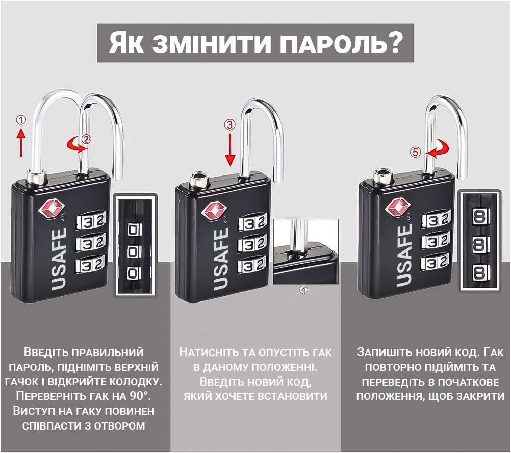 Замок навісний з 3-значним механічним кодом для багажу USafe CP-03-TSA, металева колодка з комбінацією та TSA доступом 5