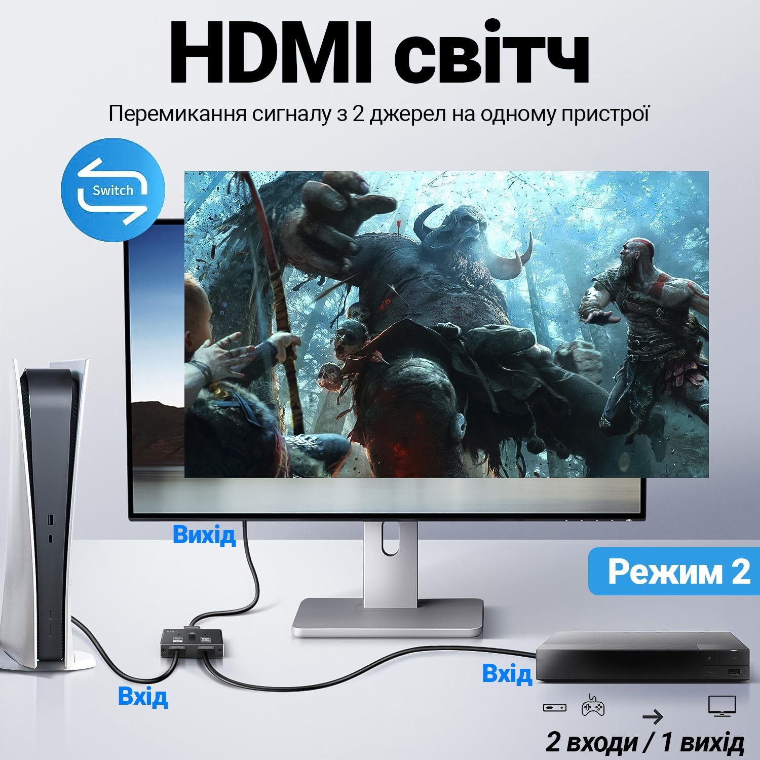 4K HDMI розгалужувач двонаправлений Bi-Direction Switch на 2 порти Addap HVS-12 | перемикач + комутатор 2 в 1 4