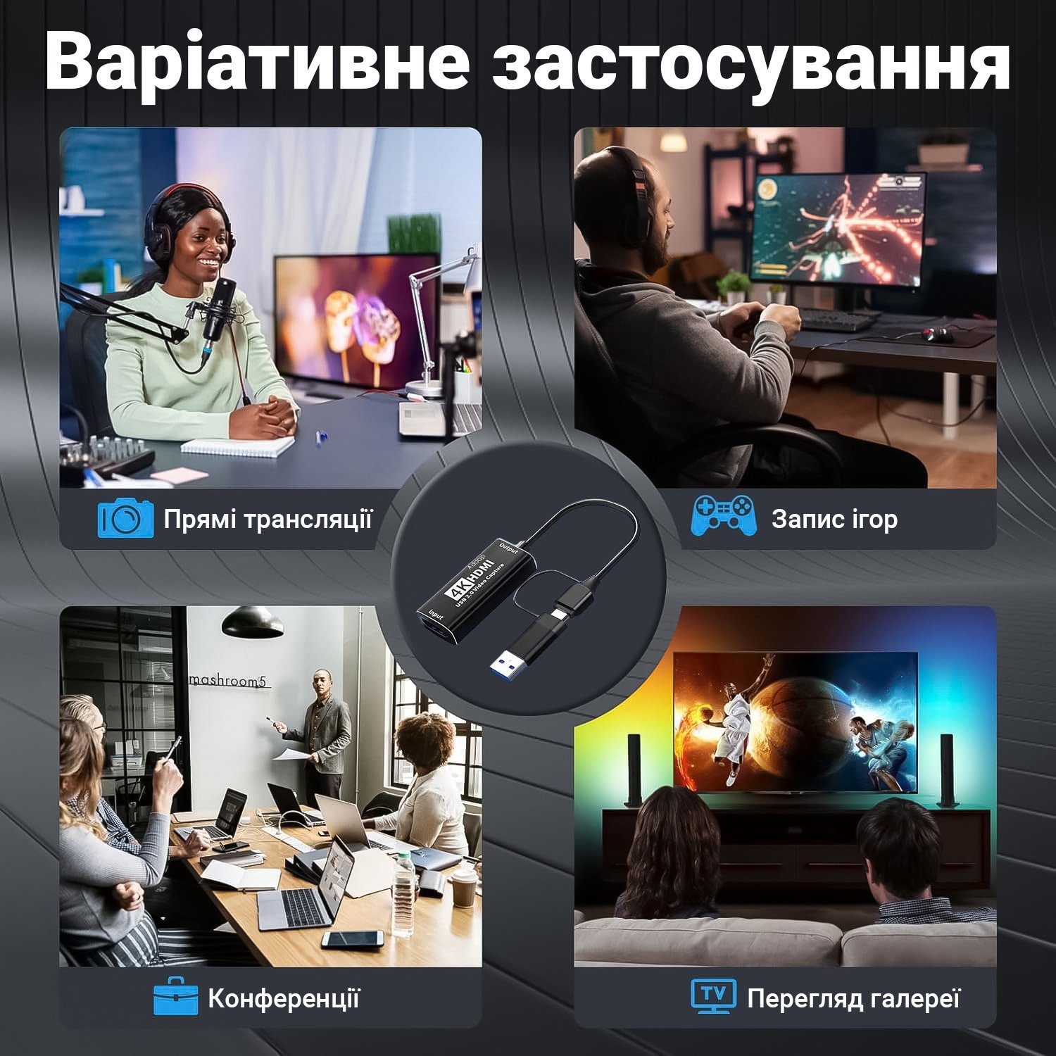 2в1 зовнішня карта відеозахоплення з HDMI на Type-C та USB-A інтерфейси Addap VCC-06, для запису, стримінгу та оцифрування відео, 4K 9