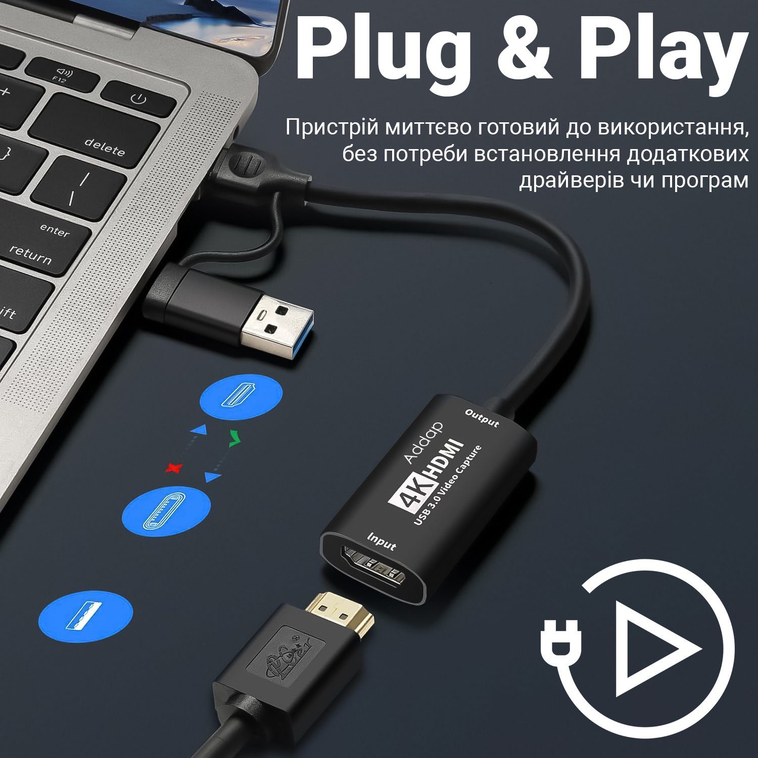2в1 зовнішня карта відеозахоплення з HDMI на Type-C та USB-A інтерфейси Addap VCC-06, для запису, стримінгу та оцифрування відео, 4K 5