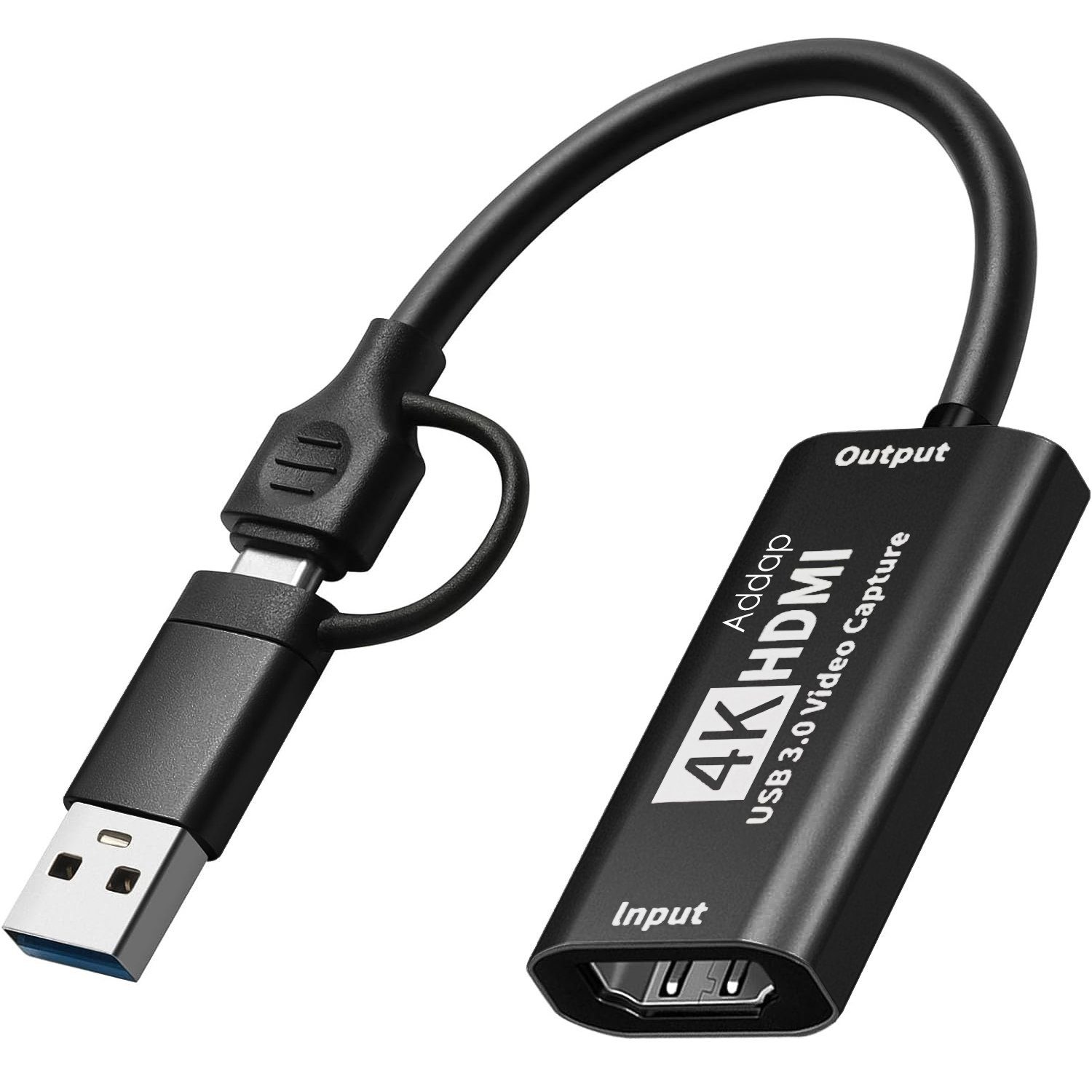 2в1 зовнішня карта відеозахоплення з HDMI на Type-C та USB-A інтерфейси Addap VCC-06, для запису, стримінгу та оцифрування відео, 4K 2